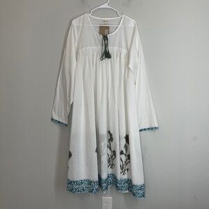 Shilpi Indian Flared Maxi Midi Dress Women's L Long Sleeve Floral White Cotton
